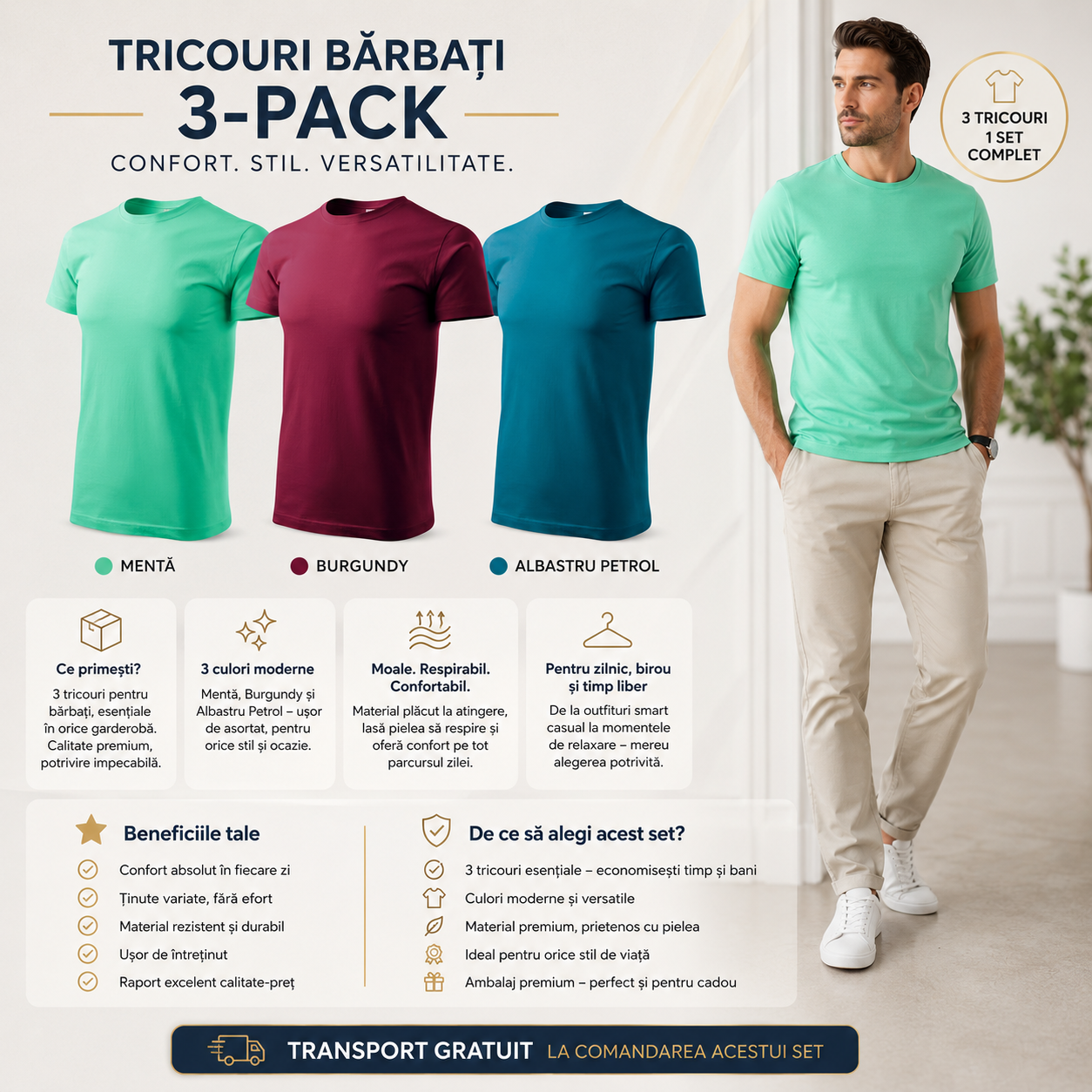 Set 3 tricouri bărbați 100% bumbac casual regular fit albastru petrol vișiniu și verde mentă S-3XL